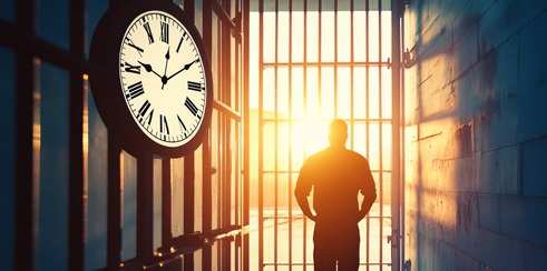 Prisoner’s Silhouette at Sunset: A solitary figure, backlit by the setting sun, stands silhouetted in a prison doorway, his hands behind his back, creating a poignant image of confinement and hope.